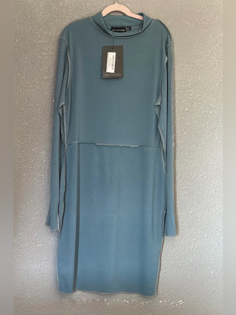 PrettyLittleThing Long Sleeve Mock Neck Sheath Dress in Dusty Teal
